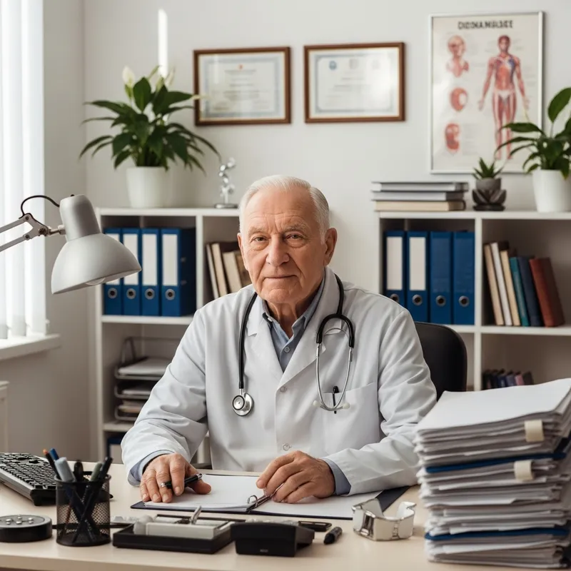 Elderly Doctor Sitting at Desk