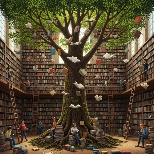 Ancient Tree of Knowledge in Eternal Library - Wisdom & Growth