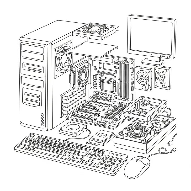 Computer & Parts Coloring Page | Detailed Mainframe Components