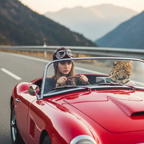 Caucasian Teenager Driving Classic Sports Car with Leopard Passenger