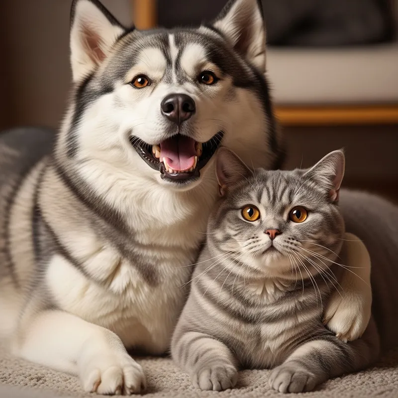 Cheerful Husky and Plump British Cat Cuddling Happily