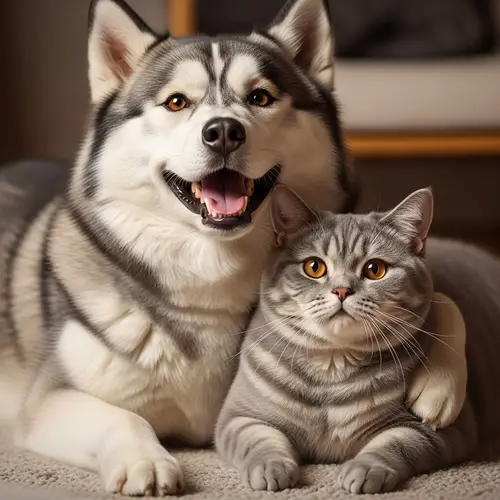 Adorable Overweight Husky and Plump British Cat Embracing Joyfully