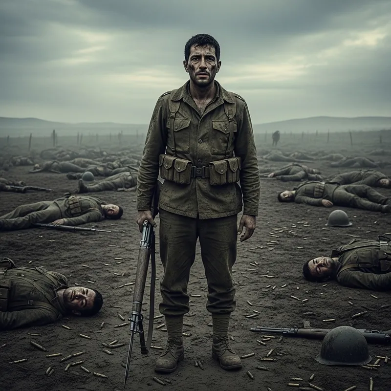 Grim Battlefield with Tired Hispanic Man