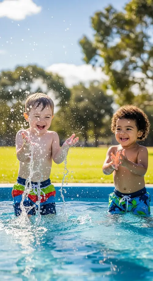 Playful Park Scene with Caucasian and Hispanic Toddler Boys Splashing in Water Pool
