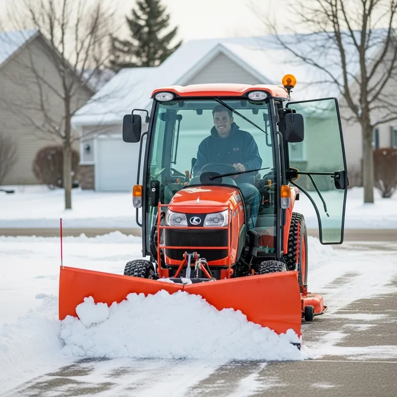 Cheerful Man Plowing Driveways with Kubota Tractor and Snowplow