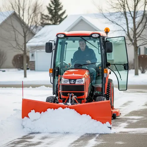 Cheerful Man Operating Kubota Tractor with Snowplow for Driveway Plowing