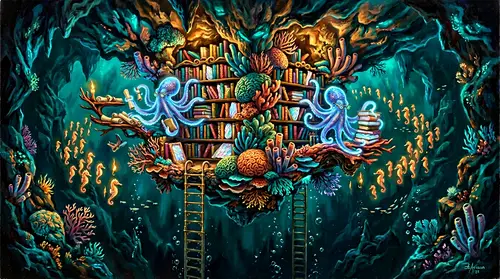Surreal Underwater Library: A Deep Dive into Fantasy