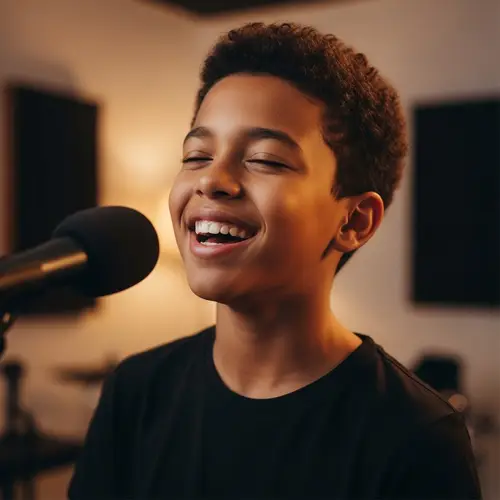 Smiling Boy with Passion for Singing in Black Clothes