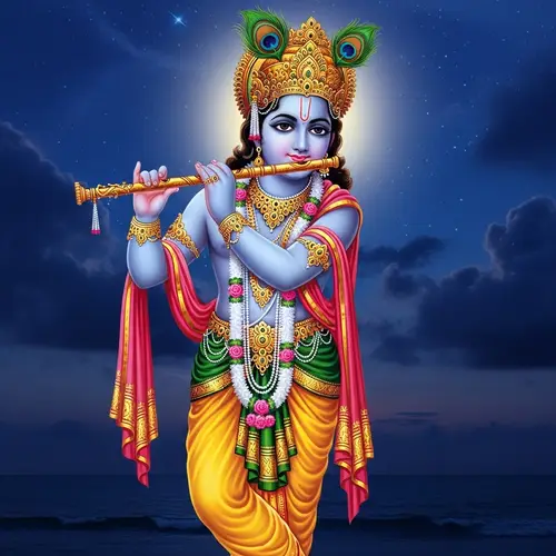Lord Krishna - Divine Melody in Serene Night Sky
