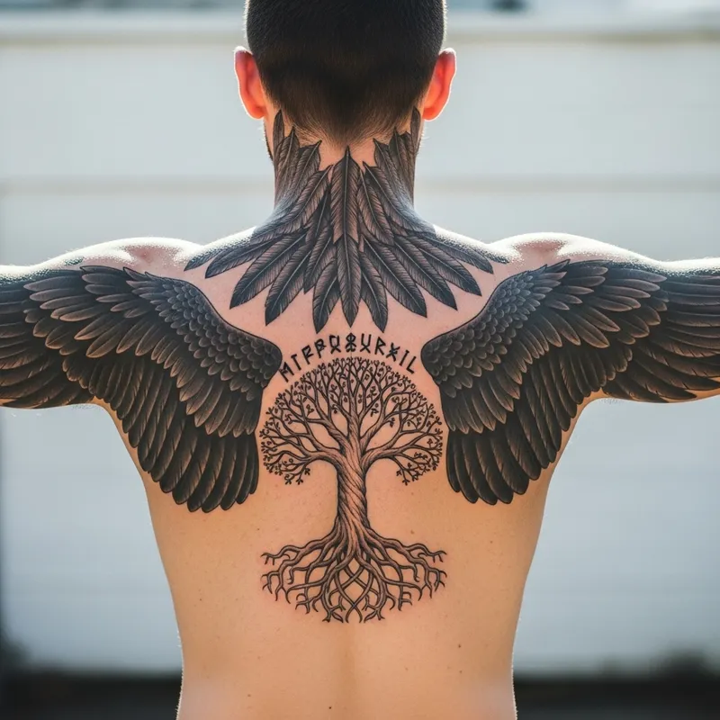 Man with Raven Feather and Yggdrasil Tattoos in Norse Mythology