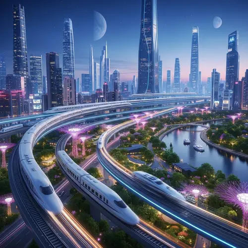 Futuristic Landscape: Skyscrapers, Bullet Trains & Neon Lights