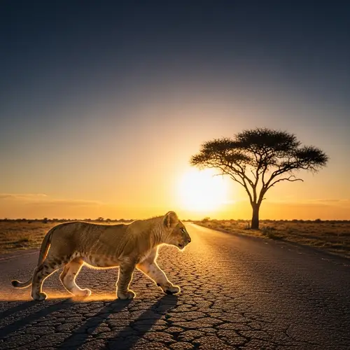 Lion Cub Walking Down a Sunny Road