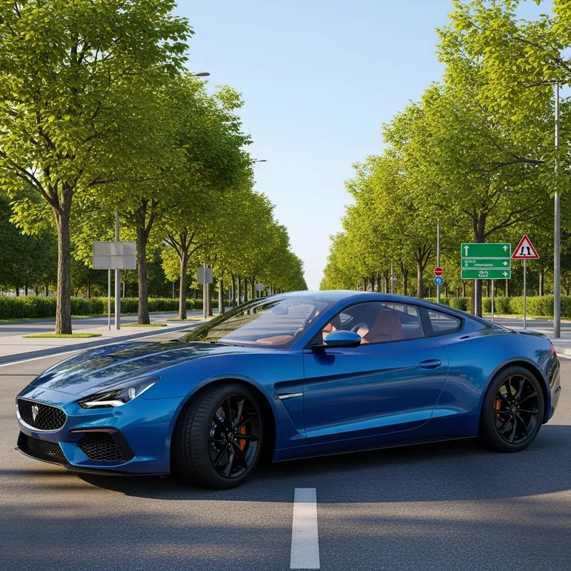 Modern Metallic Blue Sports Car with Luxury Leather Interior