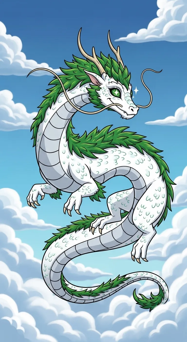 Whimsical White Scales Cute Dragon in Vibrant Forest Flight