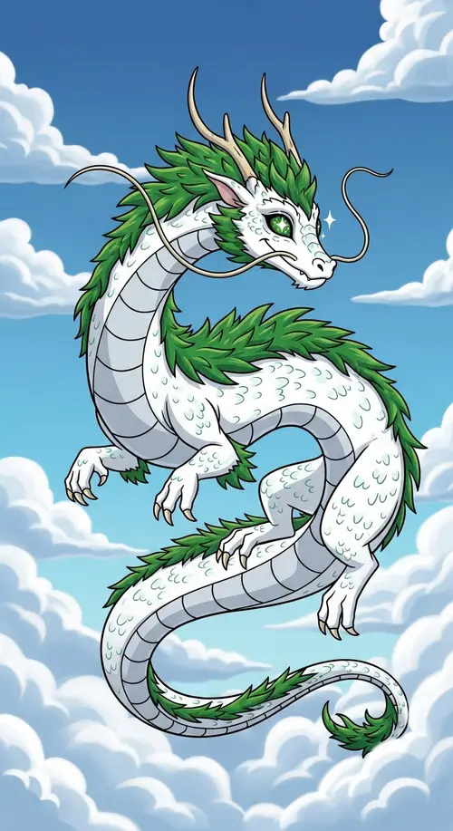 Whimsical White Scales Cute Dragon Soaring through Sky
