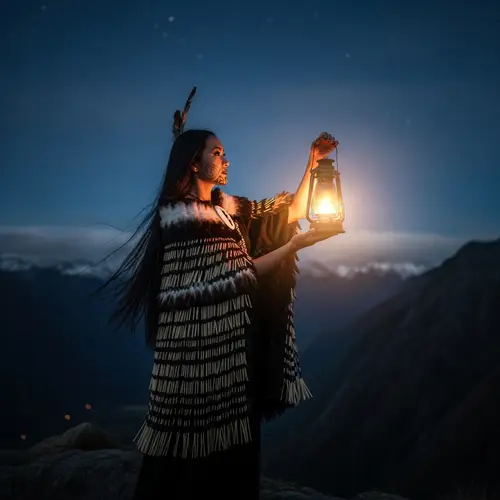 Maori Maiden in Korowai Feather Cloak on Mountain Cliff