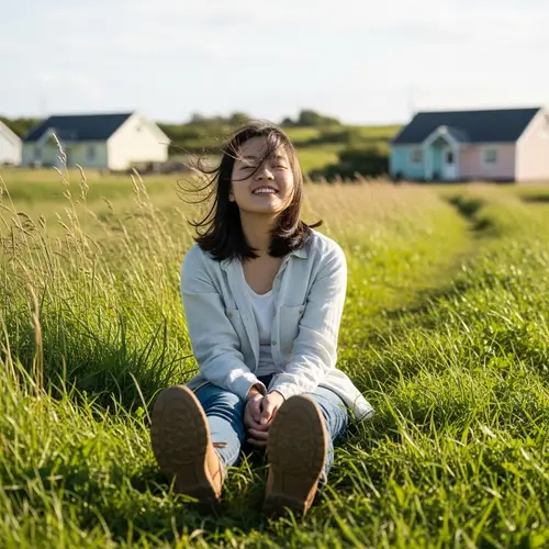 Joyful East Asian Girl in Rural Countryside | Serene Nature Scene