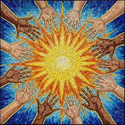 Bright Sun Mosaic Artwork with Hands Reaching for Brilliance