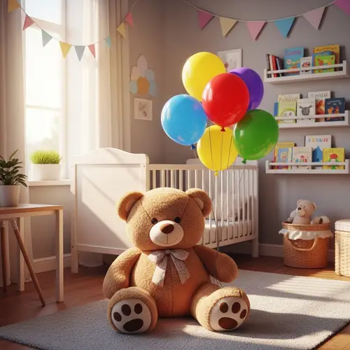 Bright and Colorful Nursery Room with Plush Teddy Bear and Vibrant Balloons