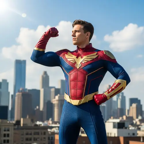 Heroic Superhero | Muscular Figure With Emblem | City Skyline Background