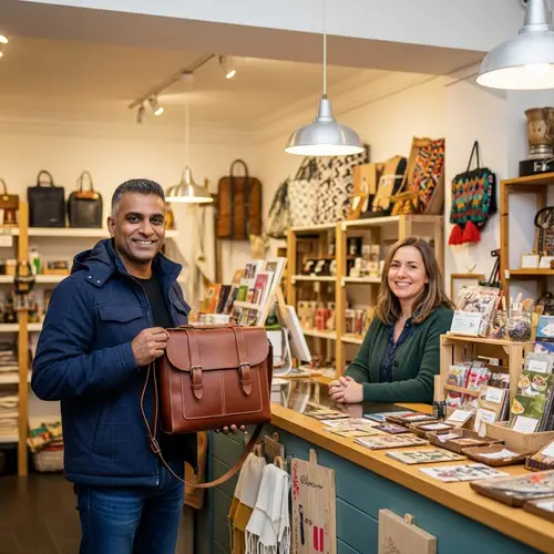 Happy Customer in Artisanal Shop | Quality Leather Bag Purchase