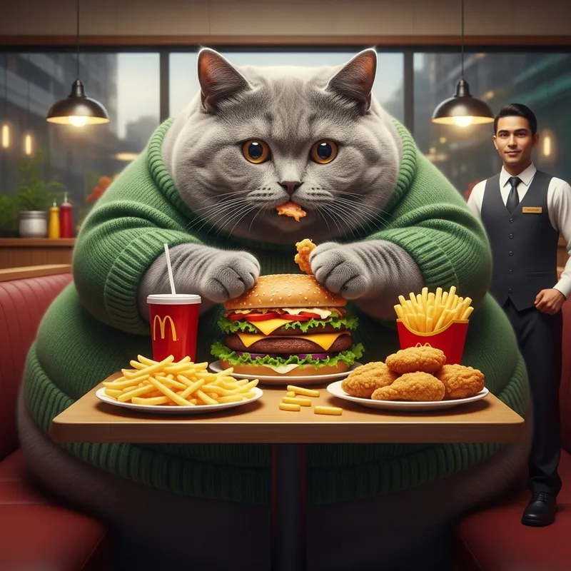 Very Fat Grey British Kitten Eating in Realistic Scene