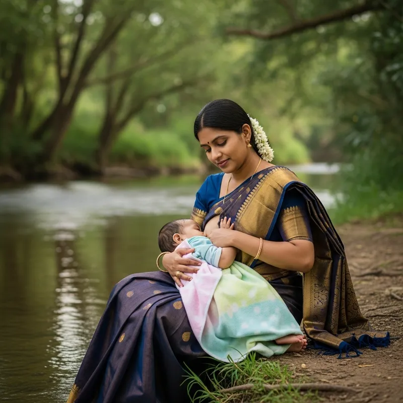 Peaceful Woman Breastfeeding by River