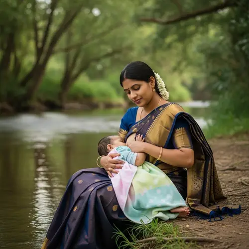 Serene South Asian Woman Breastfeeding by River