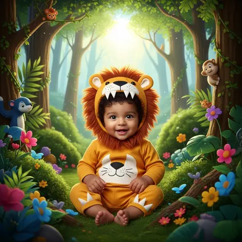 Curly Baby Boy in Lion Clothes - Enchanting Jungle Scene