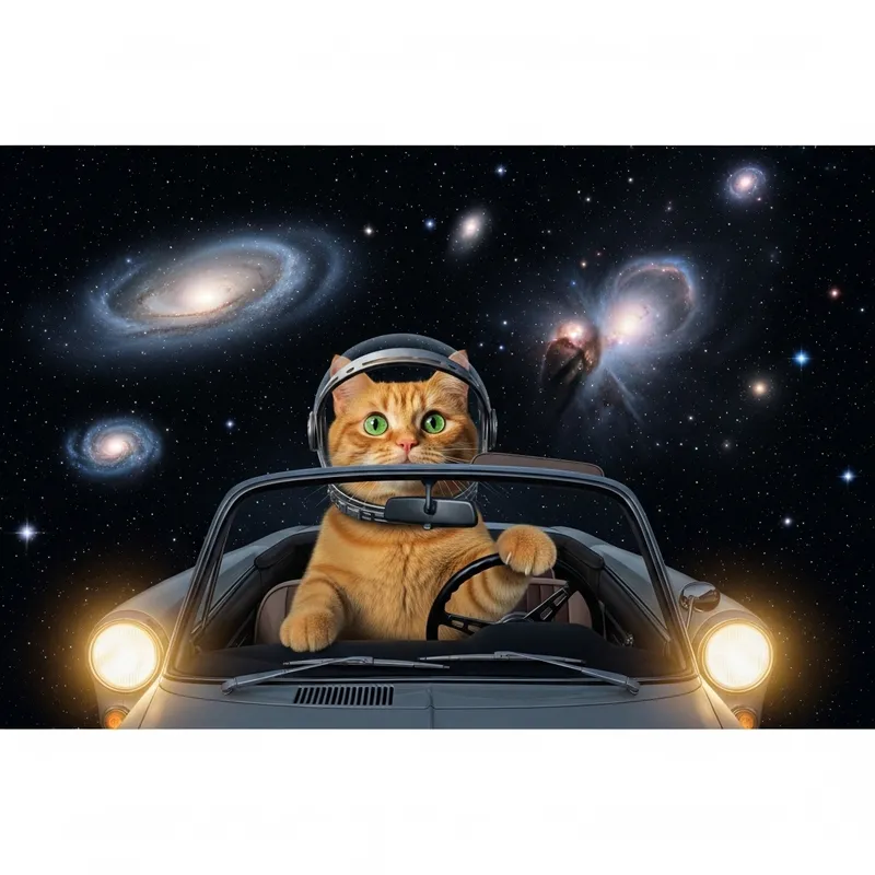 Cat driving car through space