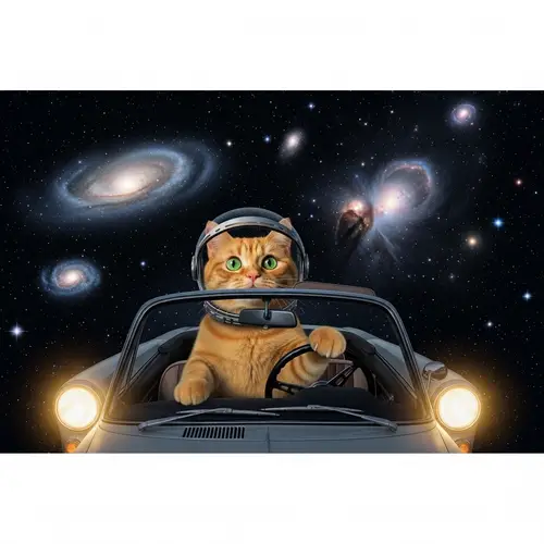 Cat Driving Car in Space Among Stars
