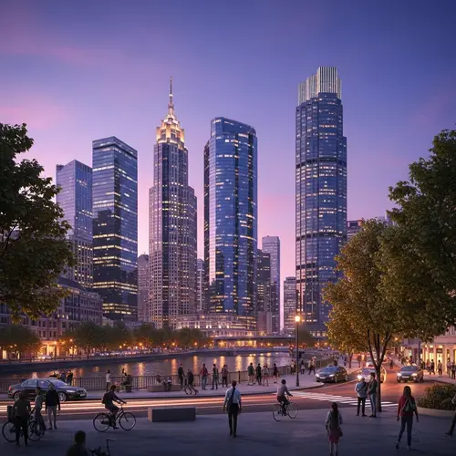 Tranquil Cityscape at Dusk with Skyscrapers and River Reflection
