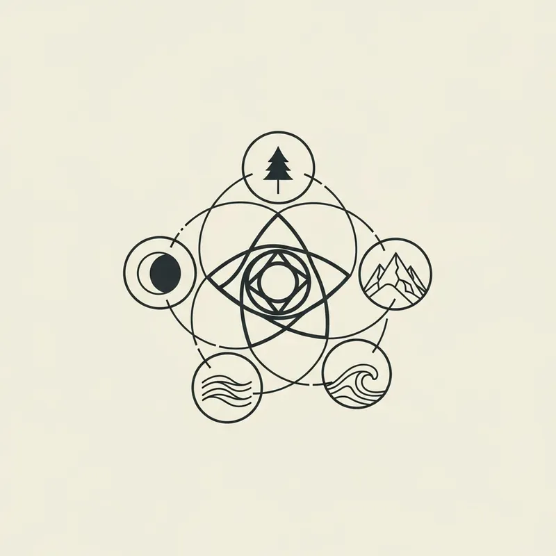 Intricate Logo Design: Five Symbols Organized Harmoniously Intricate Logo Design: Five Symbols Organized Harmoniously