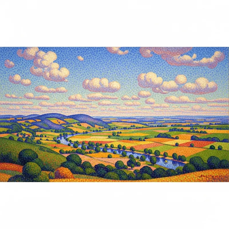 Vibrant Pointillism Landscape: Dotting Beauty