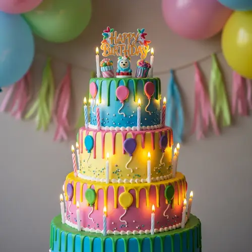 Colorful Multi-Tier Birthday Cake with Balloons & Candles