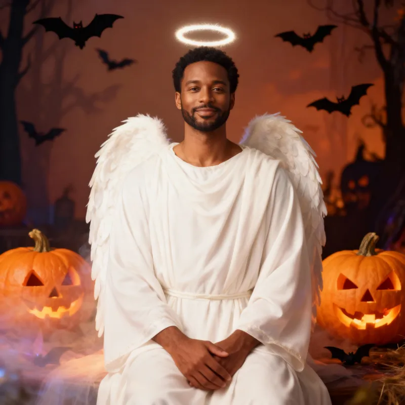 Ethereal Halloween Angel in White Robe & Wings