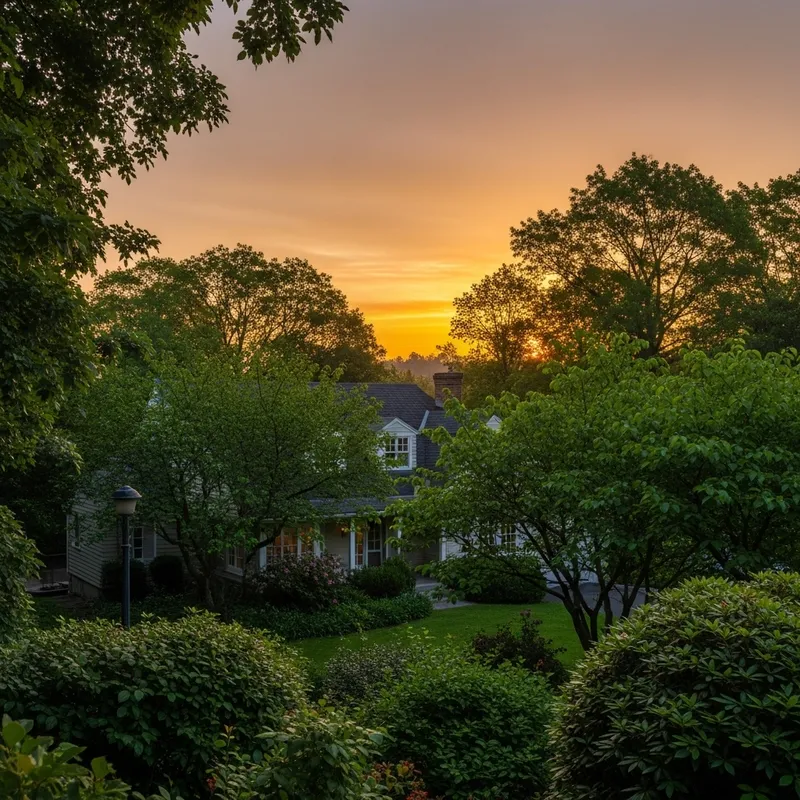 Beautiful House Surrounded by Greenery at Sunrise