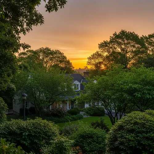 Tranquil Suburban House in Lush Greenery - Sunrise View