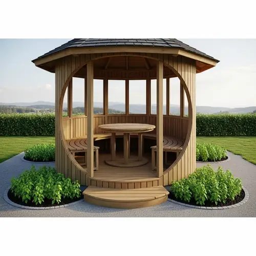 Quaint Circular Gazebo with Wooden Table & Greenery | Serene Retreat