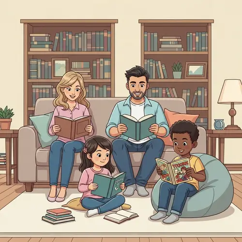 Multicultural Family Reading Books Together in a Cozy Living Room