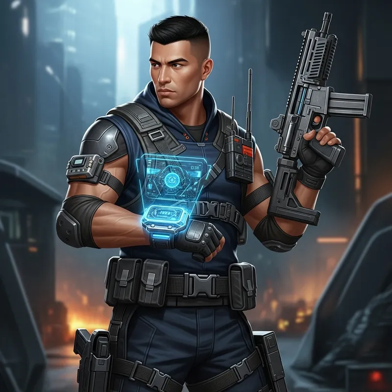 Create a Futuristic Hispanic Male Agent for Espionage Game