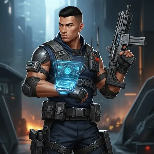 Futuristic Hispanic Male Agent for High-Tech Espionage Game
