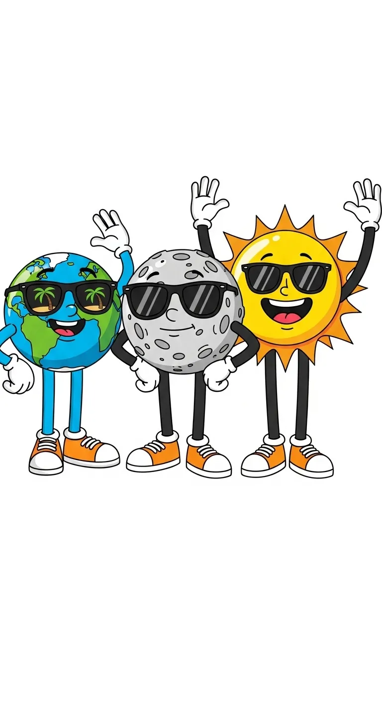 Anthropomorphized Earth, Moon, Sun Cartoon Illustration