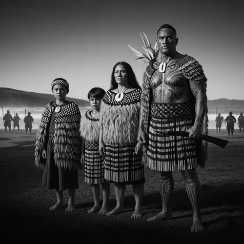Powerful Maori Warrior and Family on Homeland Shores