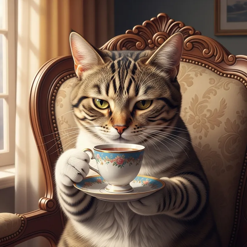 Clever Cat Sipping Tea with Amusing Mockery | Cozy Scene