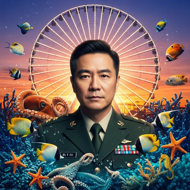 Asian Male Director, 40, in Military Uniform with Marine Life and Ferris Wheel