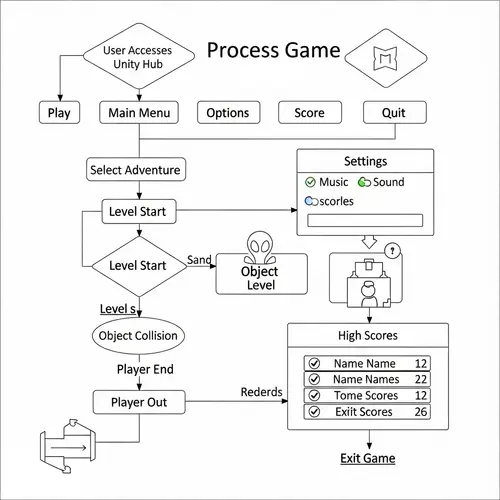 Game Development Process Flow Diagram | Unity Hub, Main Menu, Adventures