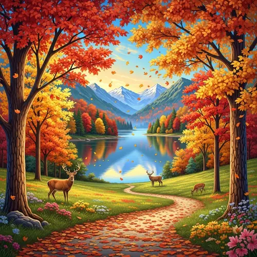 Autumn Landscape | Multi-Colored Leaves, Azure Lake, Serene Ambiance