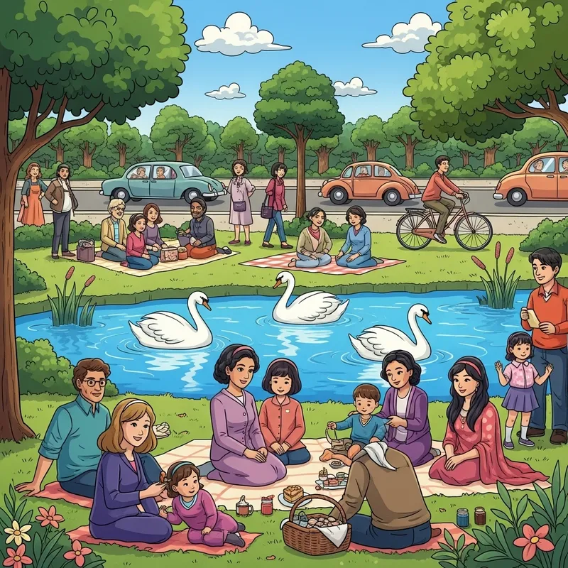Happy Family Picnic in Park | Joyful Cartoonized Scene Happy Family Picnic in Park | Joyful Cartoonized Scene