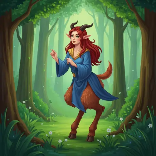 Asian Satyr Girl with Small Horns in Blue Robe Exploring Forest